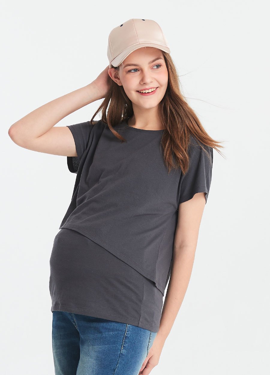 不對稱孕哺上衣2件組(哺乳背心+外衣)