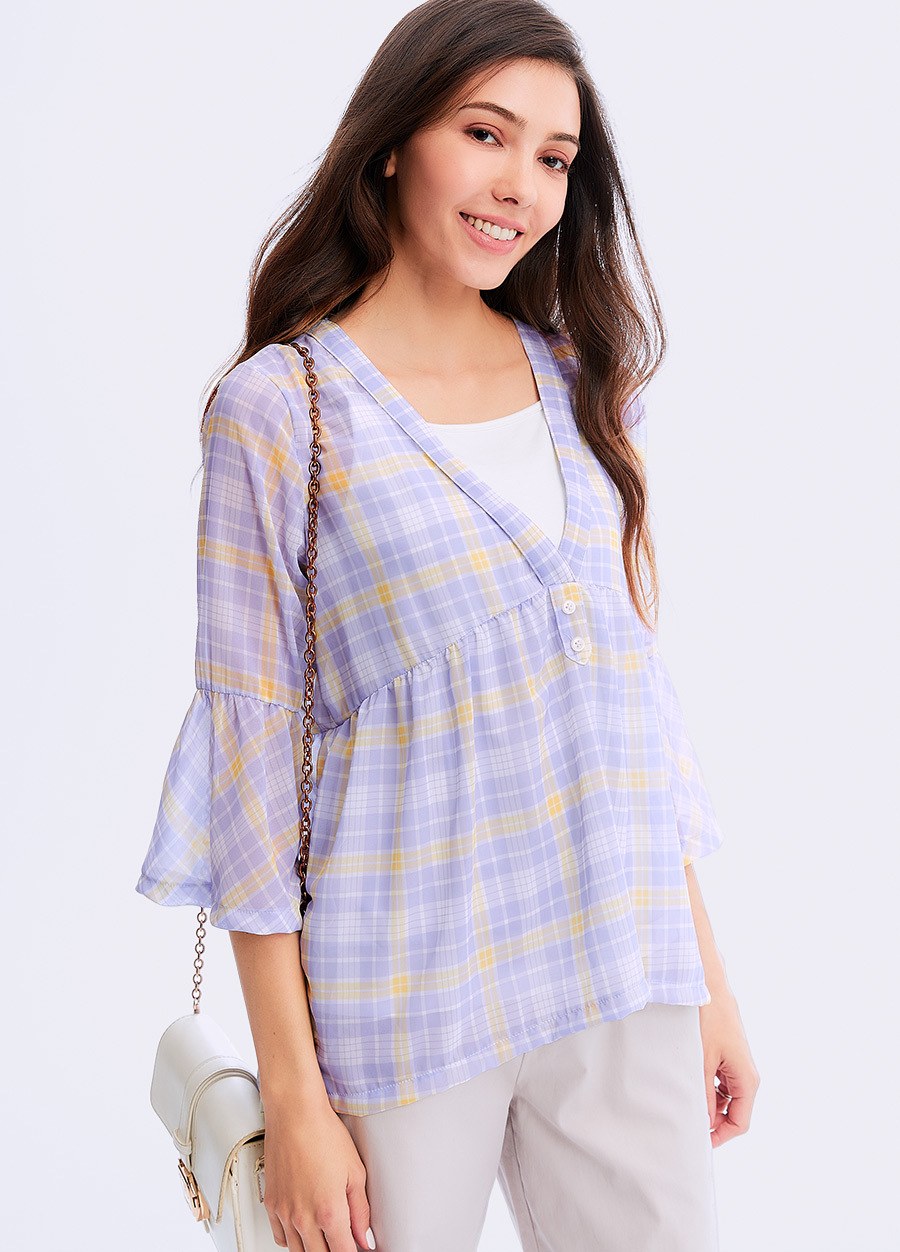 荷葉袖孕哺平織衫(2件式)