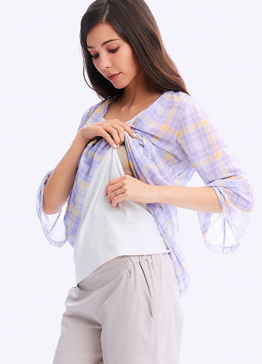 荷葉袖孕哺平織衫(2件式)