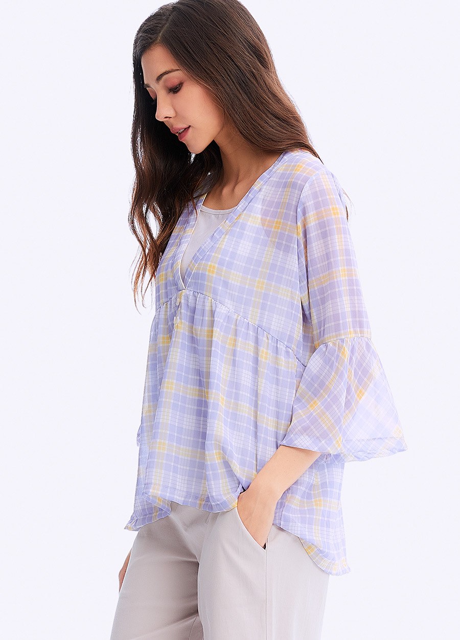 荷葉袖孕哺平織衫(2件式)