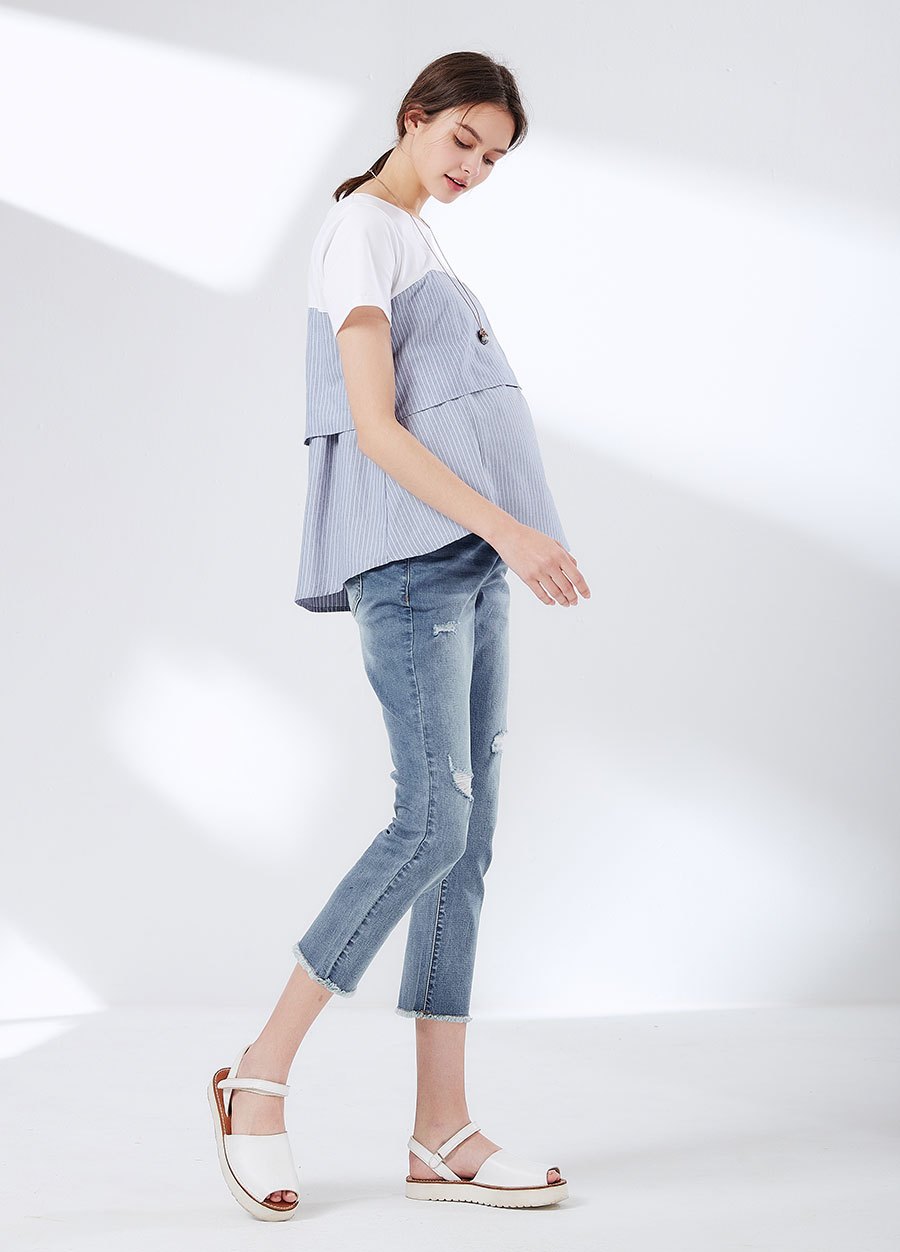 配色假兩件拼接孕哺上衣