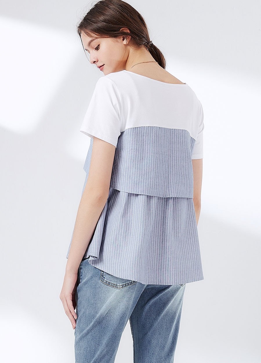 配色假兩件拼接孕哺上衣