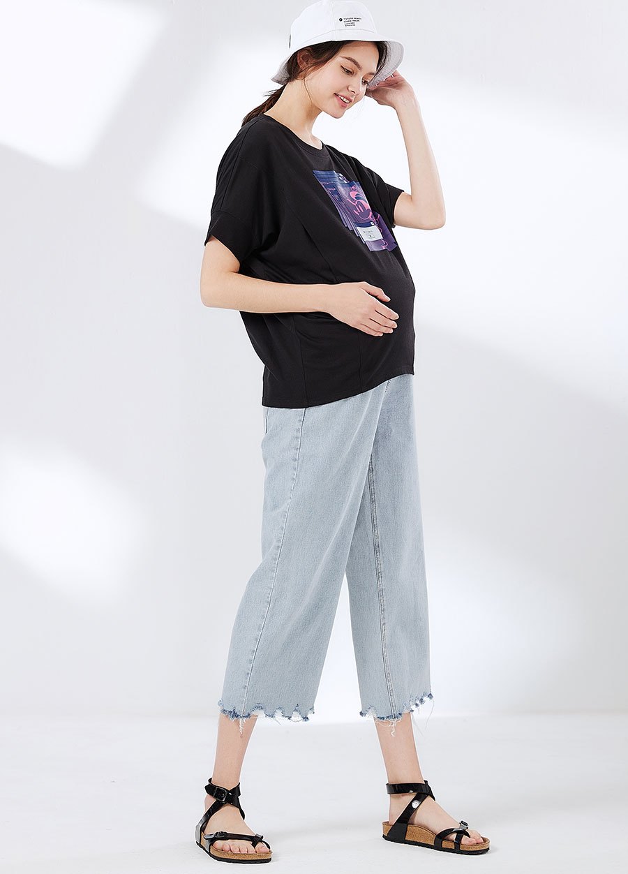 不規則抽鬚牛仔孕婦寬褲
