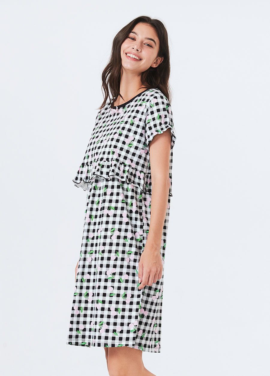 格紋櫻桃荷葉孕哺居家服組(洋裝+長褲)