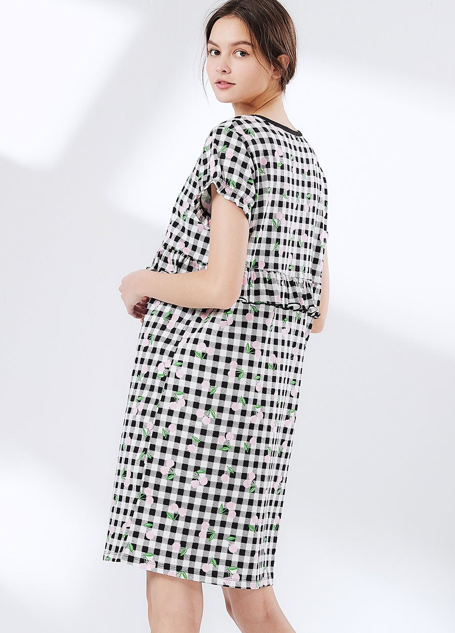 格紋櫻桃荷葉孕哺居家服組(洋裝+長褲)