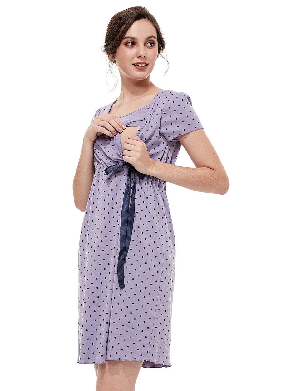 素雅印點綁帶孕哺居家洋裝