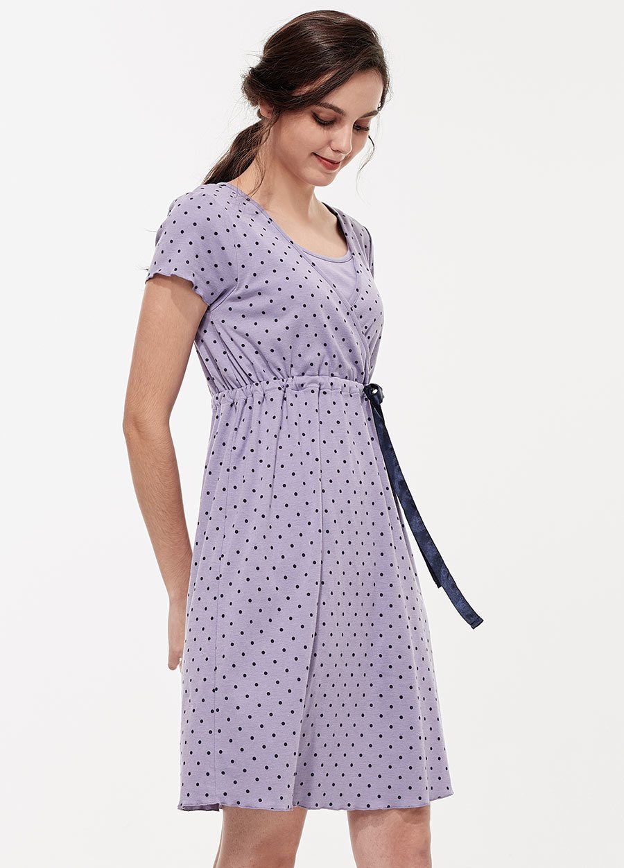 素雅印點綁帶孕哺居家洋裝