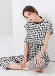 格紋櫻桃荷葉孕哺居家服組(洋裝+長褲)