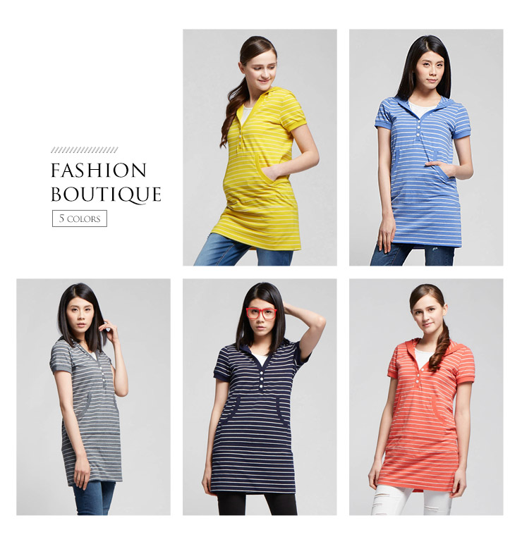 連帽開襟橫條基本款長版孕婦裝.哺乳衣 連帽開襟橫條基本款長版孕婦裝.哺乳衣