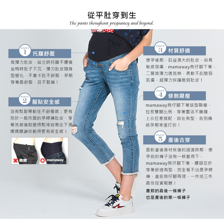 孕期刷破褲口毛邊牛仔褲